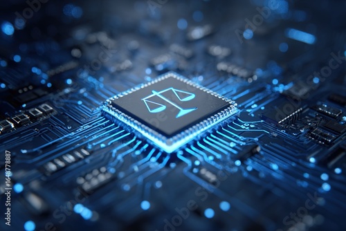 Symbol of justice represented by scales on a microchip with blue circuit design