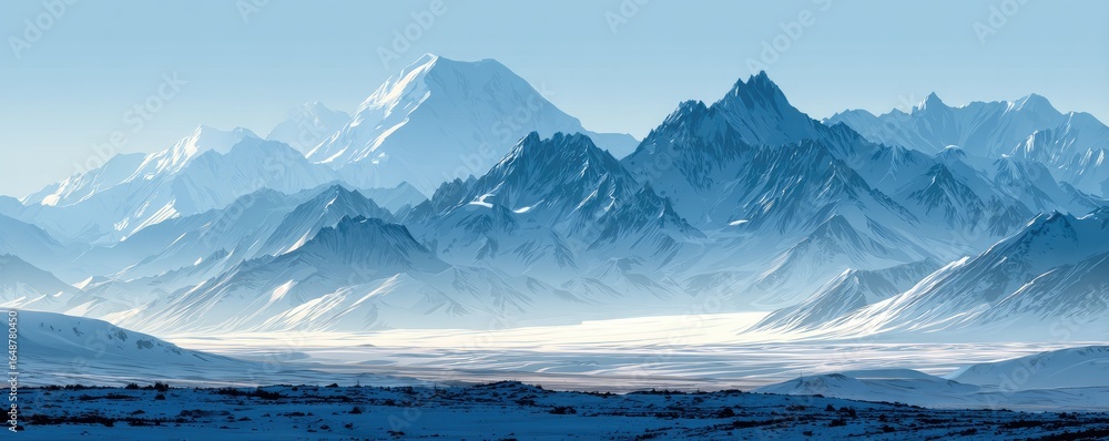 Fototapeta premium Vast snowy mountain range bathed in pale blue light
