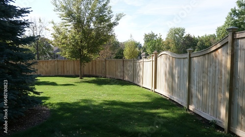 Wallpaper Mural A serene backyard with a curved wooden fence, lush green grass, and a solitary tree under a clear sky. Torontodigital.ca