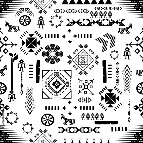 Tribal geometric symbol pattern in black on white background, featuring animals, flowers, human figures, and various ancient motifs. Ideal for textiles, graphic design, and decorative projects.