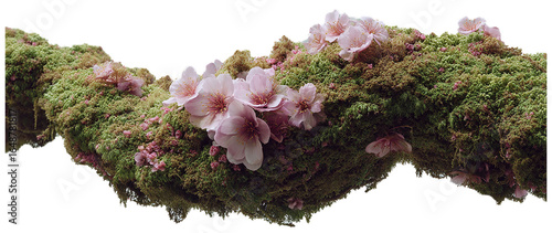 a close up of vibrant pink cherry blossoms blooming on lush green moss covered branches against a soft gray background