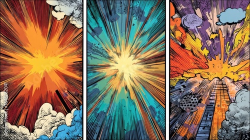 Three comic book panels showcasing vibrant explosions and radiating energy