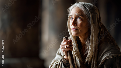 Anna the Prophetess, an extremely old woman, stooped with age but with bright, fervent eyes, humbly worshipping in the ancient Jerusalem Temple