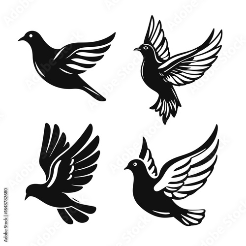 Flying bird silhouettes, dove vector icons, peaceful pigeon artwork, black white bird illustration, decorative avian design