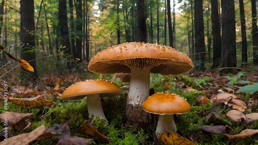 Fototapeta premium Mushrooms in the forest, autumn woodland and natural foraging concept