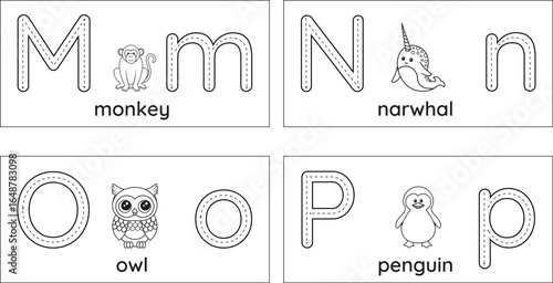 Isolated tracing Alphabet flashcards MNOP