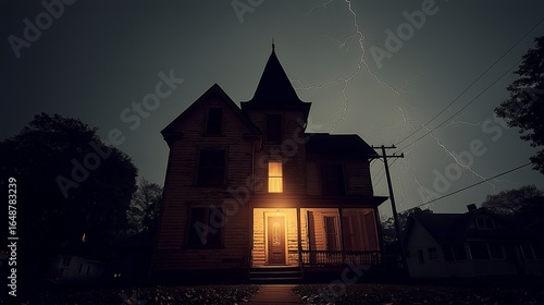 An old, decrepit haunted house stands ominously against a dark and stormy sky. A warm light glows from a window, creating a sinister and suspenseful atmosphere.