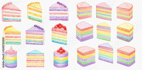 Watercolor illustration of rainbow layer cakes, various shapes and sizes, delicious dessert.