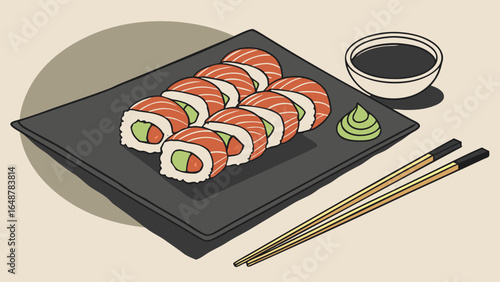 A beautifully arranged plate of sushi rolls featuring fresh salmon, avocado, and wasabi.