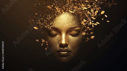Golden face of a woman with leaves and closed eyes a stunning photo