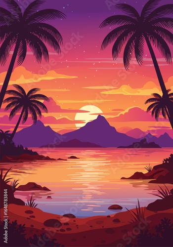 Vibrant tropical sunset illustration with silhouetted palm trees, calm ocean, and distant mountains. Colorful sky creates a serene, exotic vector landscape.