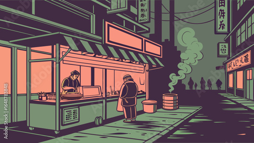 A bustling street vendor scene featuring an Asian male selling food at night, illuminated by warm neon hues.