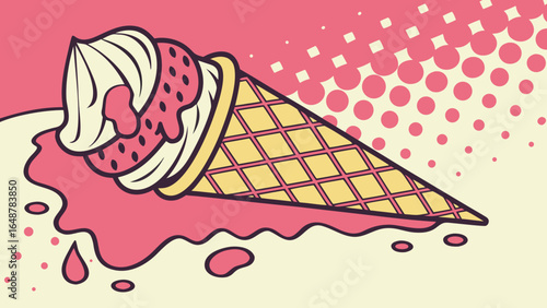Delicious ice cream cone with a swirl of strawberry and vanilla flavors, melted on a colorful background.