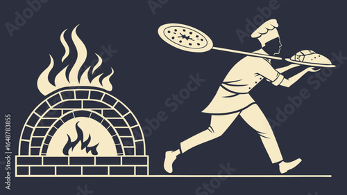 A chef of Middle-Eastern descent hurries with a pizza and bread towards a traditional brick oven.