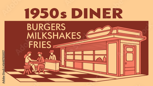 Classic 1950s diner illustration featuring burgers, milkshakes, and fries in a nostalgic setting.