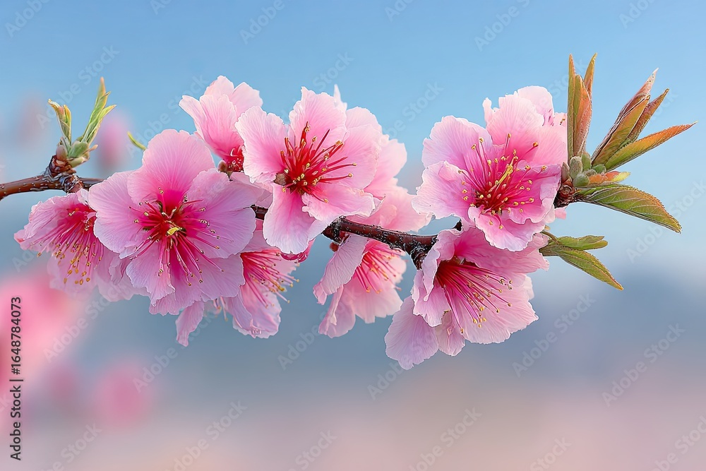 Obraz premium Delicate pink blossoms on a branch against a soft blue sky