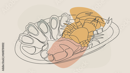 Stylized line art of a lobster and crab on a plate, showcasing modern culinary presentation.
