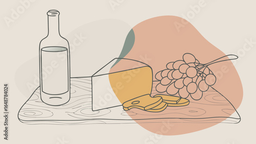 A minimalist still life featuring a bottle, cheese, and grapes, showcasing a harmonious blend of colors.