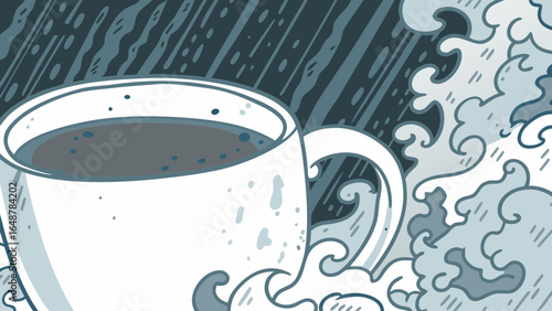 A serene illustration of a steaming cup of coffee amidst swirling waves and rain, evoking a cozy and contemplative mood.