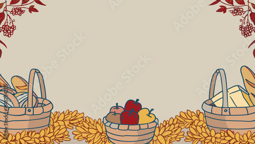 A warm, inviting harvest scene featuring baskets filled with fruits and baked goods, emphasizing autumn's abundance.