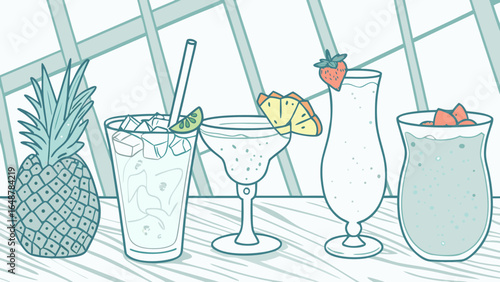 A colorful illustration of tropical cocktails featuring fresh fruit garnishes, perfect for summer vibes.