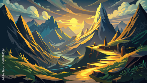 From a low angle view, a mystical pathway winds gracefully through enchanting mountain valleys, where golden light dances on rugged peaks and lush slopes whisper secrets of timeless beauty.