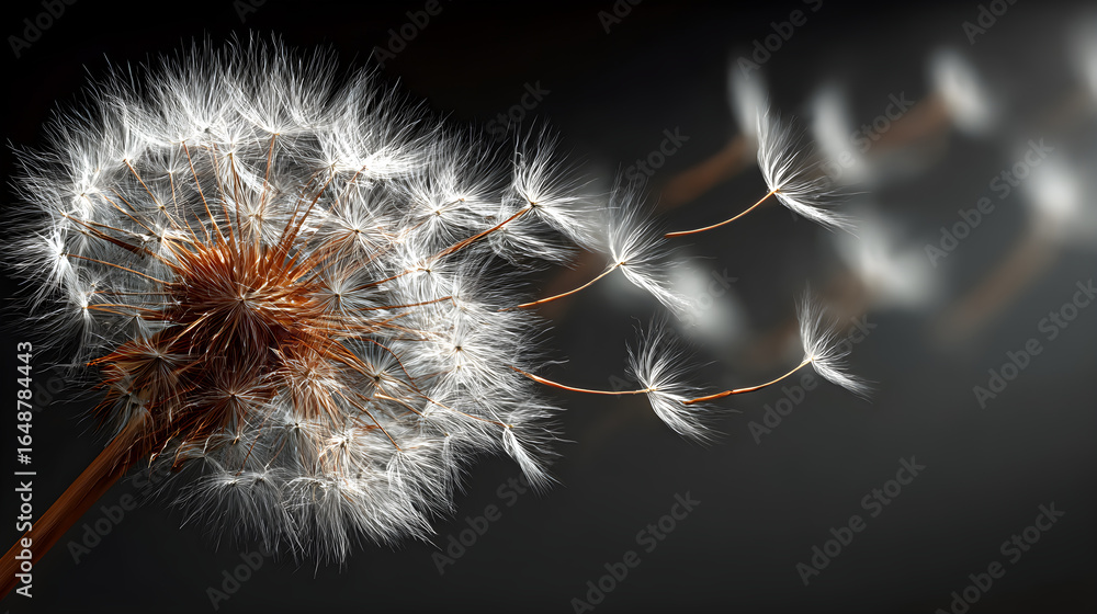 Fototapeta premium A Serene Moment: Captivating Image of Dandelion Seeds Caught in the Gentle Wind Offering a Touch of Nature's Elegance and Tranquility to Any Space or Creative Project