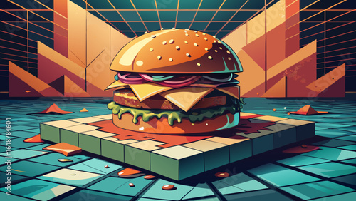 A vibrant digital illustration of a mouthwatering burger against a retro geometric background.