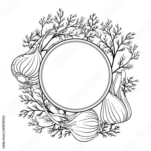 Fennel Vegetable and Leaves Outline Round Frame. Organic natural nutritional healthy food ingredient, vegetarian diet product. Vector isolated for design or decoration.