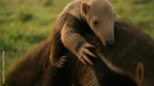 Baby Anteater Rides on Mother's Back in Lush Green Environment