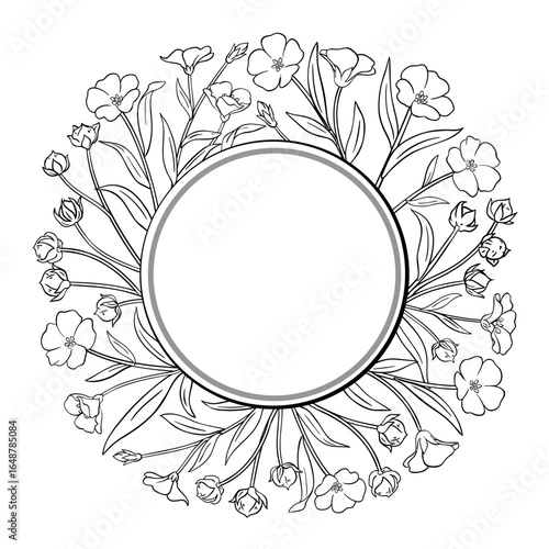 Flax Branch with Flowers and Leaves Outline Round Frame. Organic natural nutritional healthy food ingredient, vegetarian diet product. Vector isolated for design or decoration.