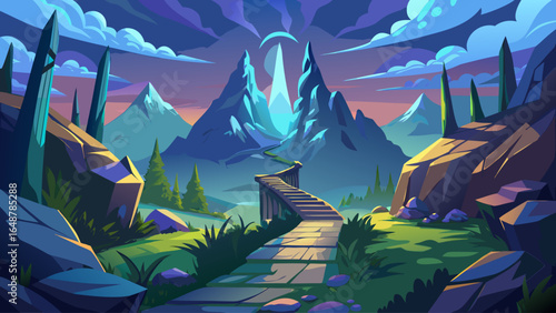From a low angle view, a mystical pathway winds gracefully through enchanting mountain valleys, where golden light dances on rugged peaks and lush slopes whisper secrets of timeless beauty.