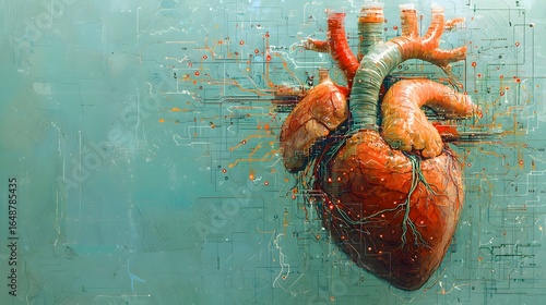 Abstract 3D illustration of red blood cells and bacteria flowing through a human artery