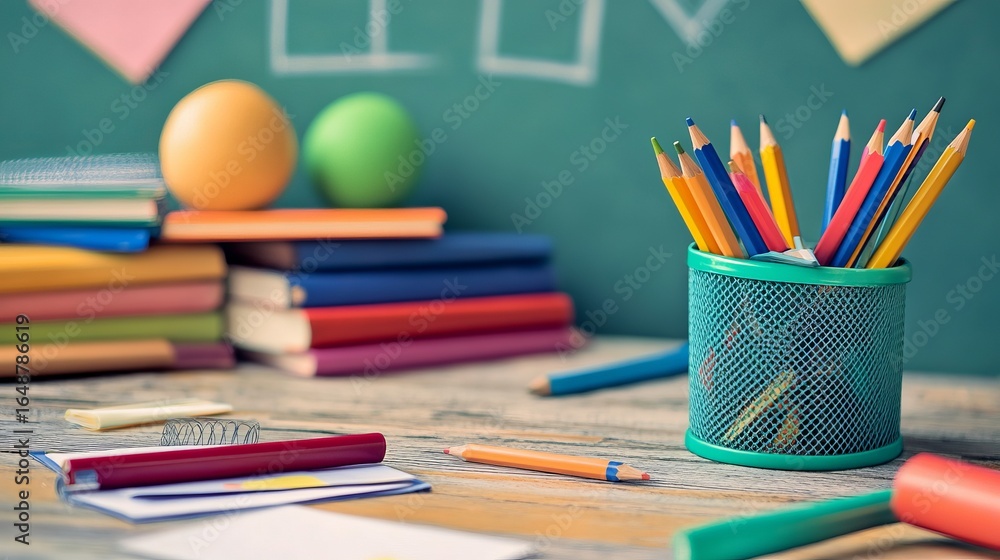 Fototapeta premium Colorful school supplies on a wooden desk, books, pencils, and art materials