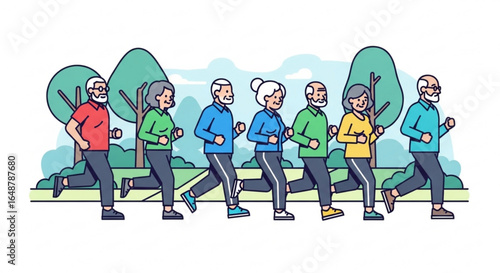 Senior citizens running group exercising together outdoors for healthy lifestyle and fitness activity illustration