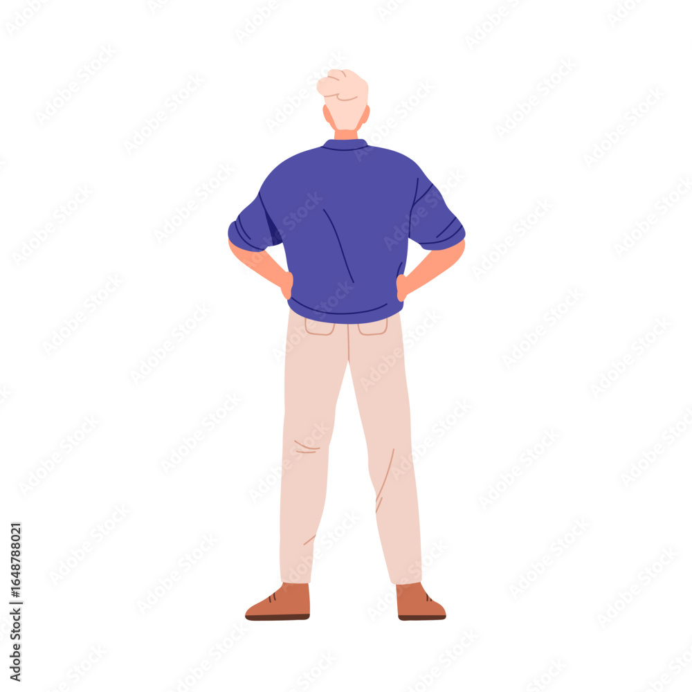 Fototapeta premium Man standing and watching, back rear view. Spectator in confident turned pose from behind, backside. Male viewer, facing away, hand on hips. Flat vector illustration isolated on white background