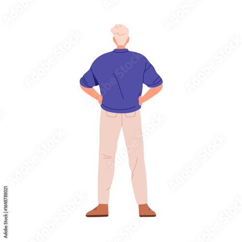 Man standing and watching, back rear view. Spectator in confident turned pose...