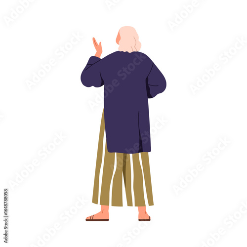 Woman from behind, back rear view. Female character standing turned, facing away pose, gesturing and showing with hand, looking, watching. Flat vector illustration isolated on white background