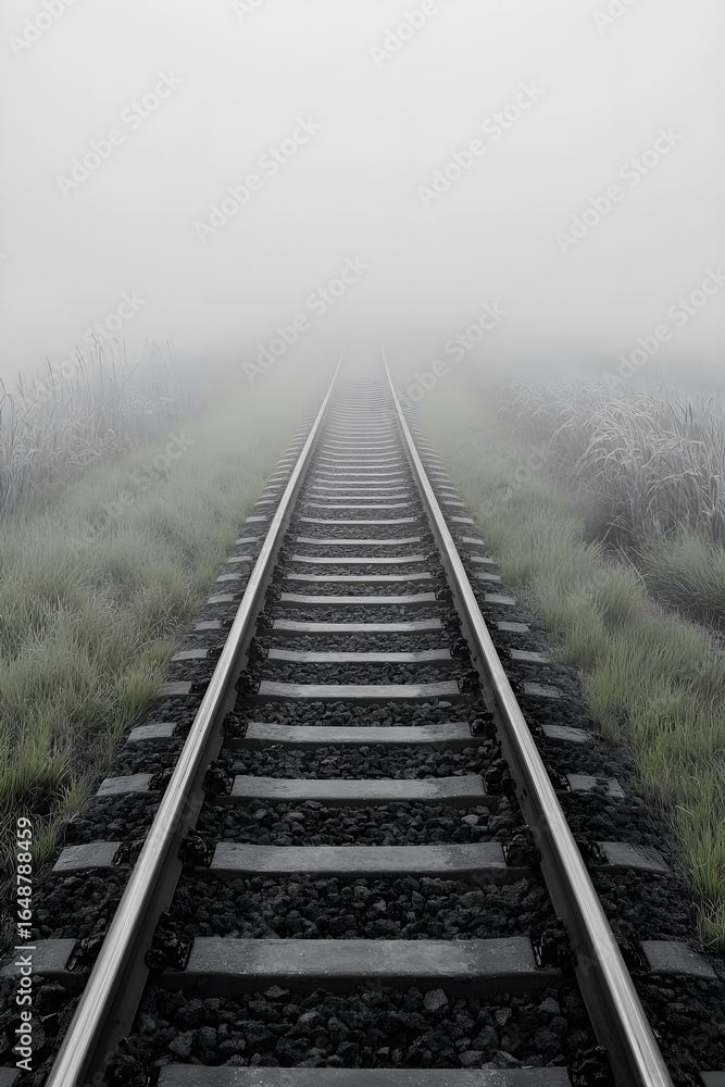 Fototapeta premium Misty Green Field Railroad Tracks Vanishing Point train tracks