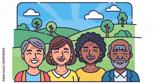 Diverse group of seniors enjoying retirement in nature illustration for senior living community and activities