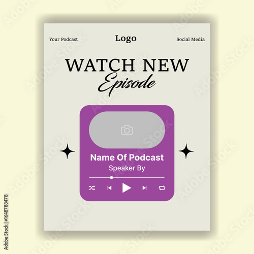 Podcast episode launch announcement with modern minimalist design and creative star accents