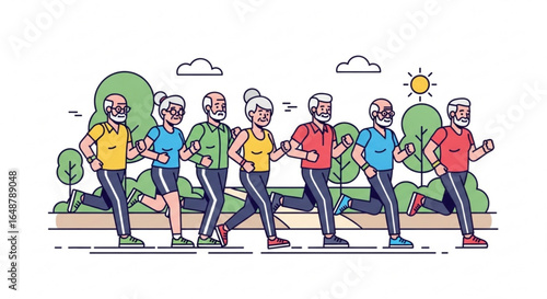 Illustration of active seniors jogging together in a park promoting healthy lifestyle and senior fitness