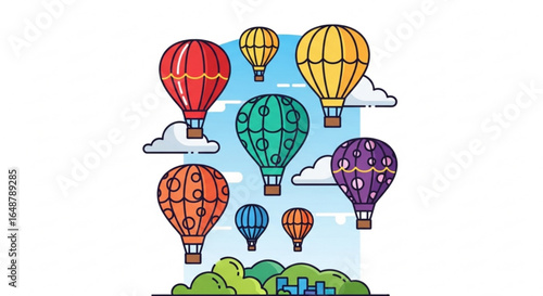 Colorful hot air balloons vector graphic illustration for travel adventure and sky high fun concept design
