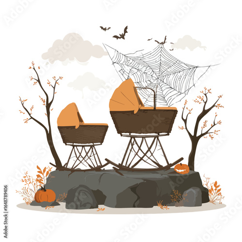 Halloween Cracked Baby Cradle isolated in White background, silhouette Set, Halloween theme, Vector illustration