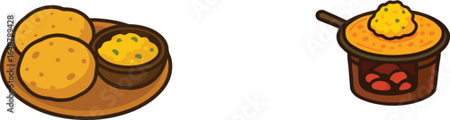 Indian Breakfast Vector Illustration: Aloo Puri and Aloo Dosa