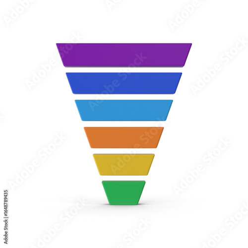 A colorful funnel chart with six horizontal sections, representing a sales or marketing process, isolated on transparent background, 3d, png
