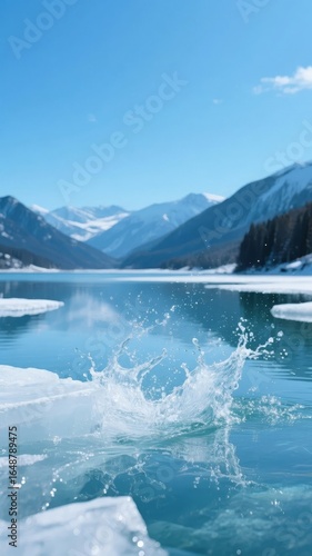 Crystal-clear water splashing against ice floes in a serene mountain lake under a bright blue sky