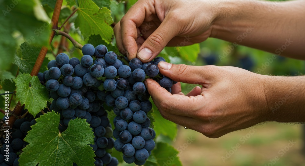 Obraz premium Hands picking ripe dark grapes from a vine in a vineyard.