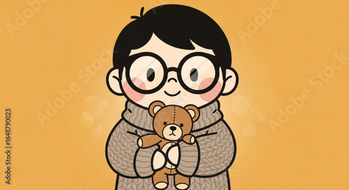 Cute cartoon boy with glasses and teddy bear vector illustration for kids and children design art