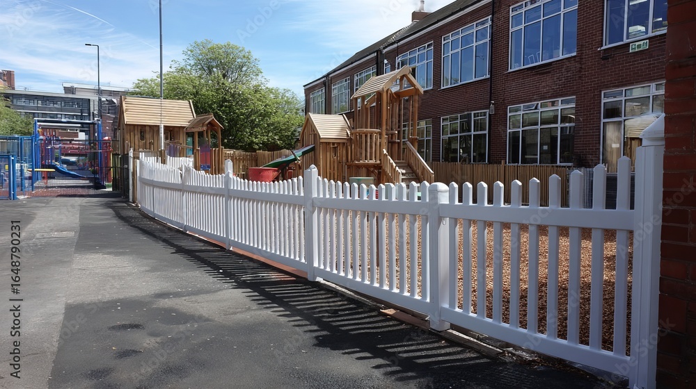 A sunny playground featuring wooden play structures beside a white picket fence. A sunny playground featuring wooden play structures beside a white picket fence.